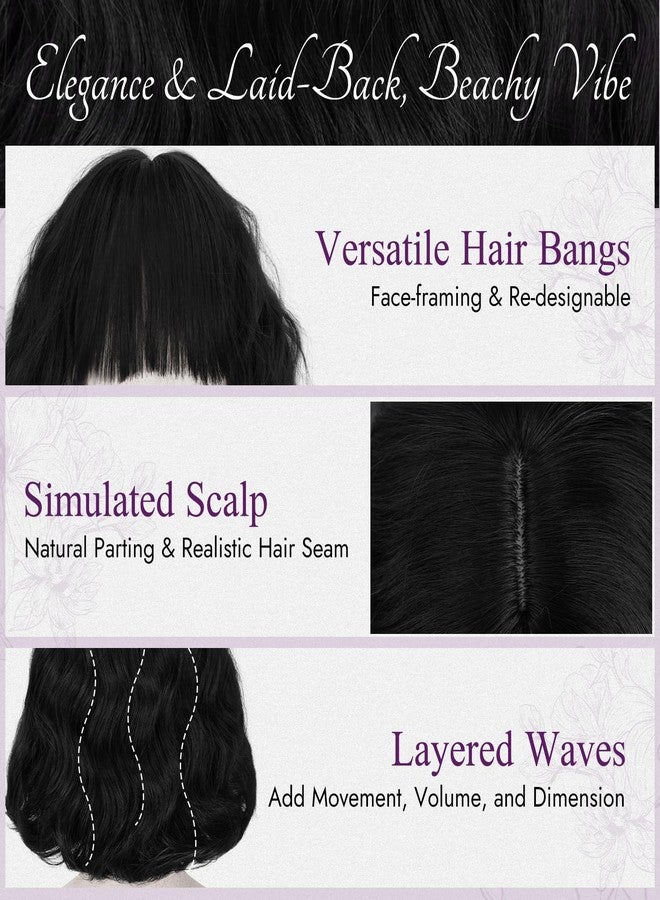 BARSDAR Short Wavy Black Wig with Bangs - Short Black Wavy Wigs for Women - Soft Synthetic Textured Curly Chic French Bob Wig with Face-Framing Bangs Natural Looking Daily Party Halloween - Image 4